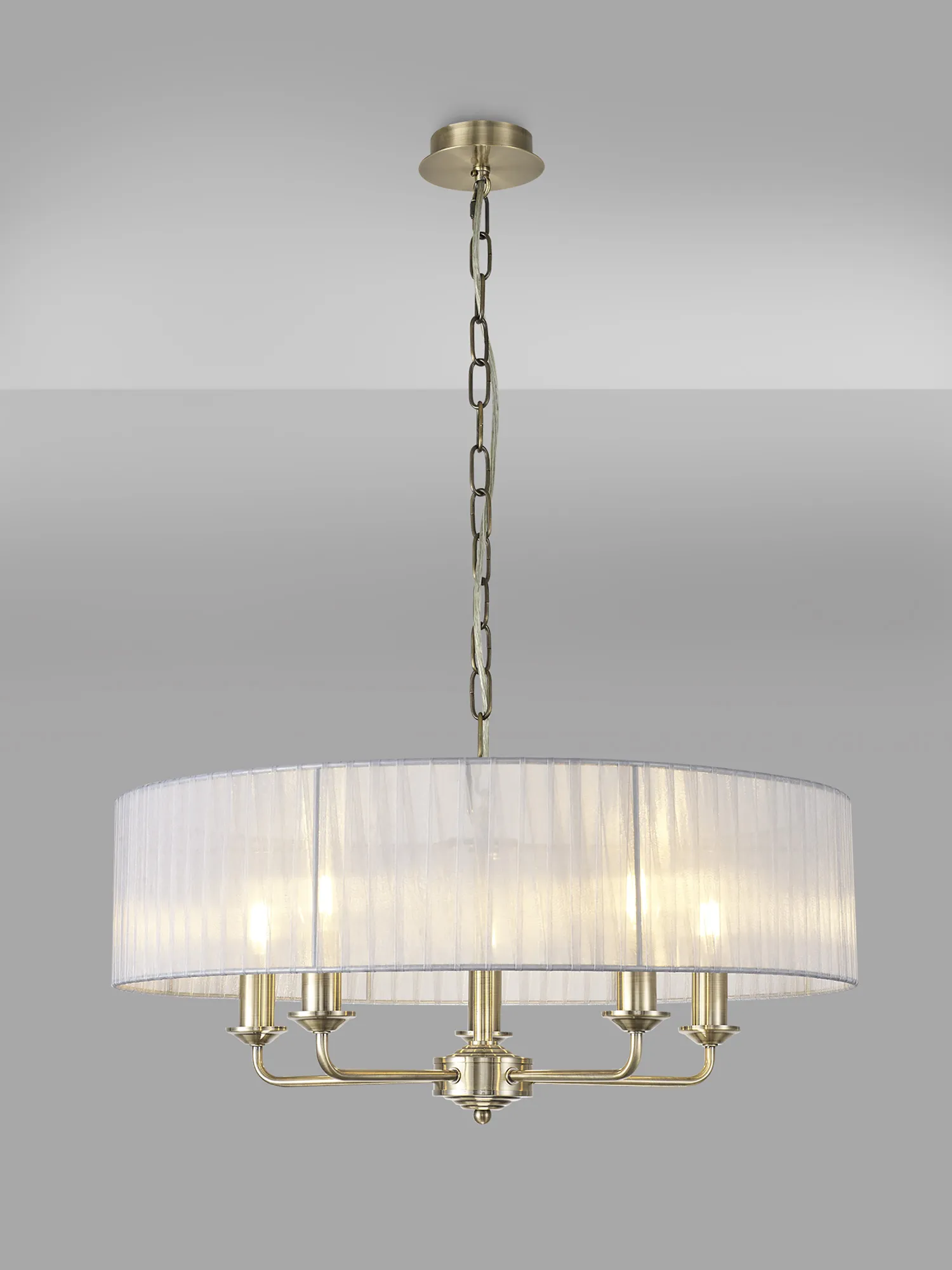 Banyan 5 Light Multi Arm Pendant With 60cm x 15cm Organza Shade Antique Brass/Grey DK0872  Deco Banyan AB GR